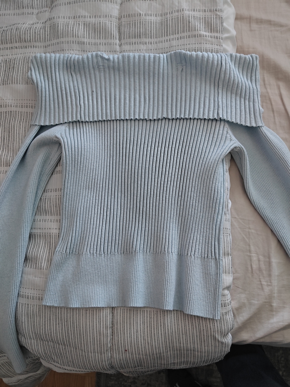 Light Blue Off-Shoulder Ribbed Women’s Sweater